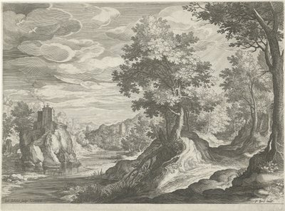 Rivierlandschap met een kasteel door Johann Sadeler (I)