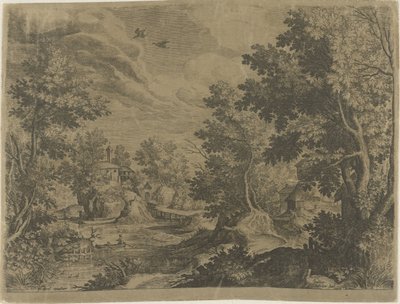 Rivierlandschap met een roeiboot door Johann Sadeler (I)