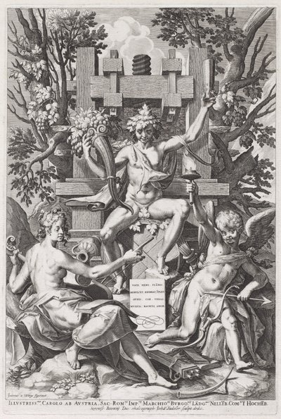Bacchus Zittend op een Vat tussen Amor en Muziek door Johann Sadeler I