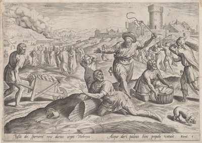 De opzichter van de farao die de Israëlieten slaat door Johann Sadeler I