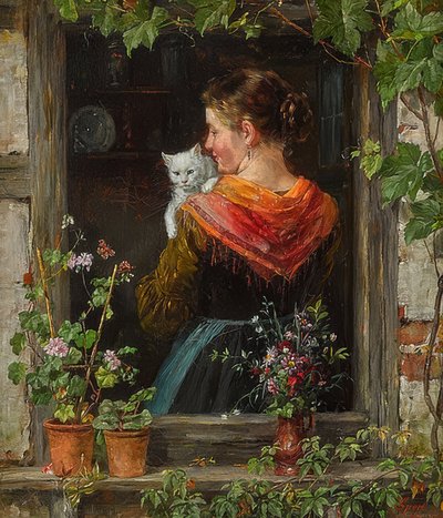Jonge vrouw met kat door Johann Sperl