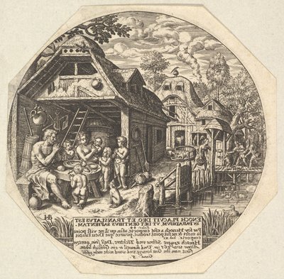 Henoch en zijn familie rond een eettafel en hun handen in een gebaar houdend door Johann Theodor de Bry