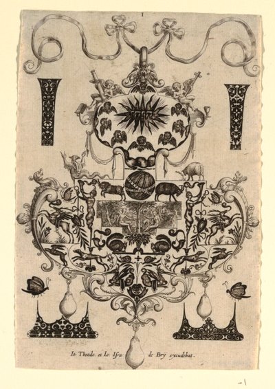 Hangerontwerp met de Verleiding, Plaat 1, uit een serie van acht hangerontwerpen met de kardinale deugden door Johann Theodor de Bry