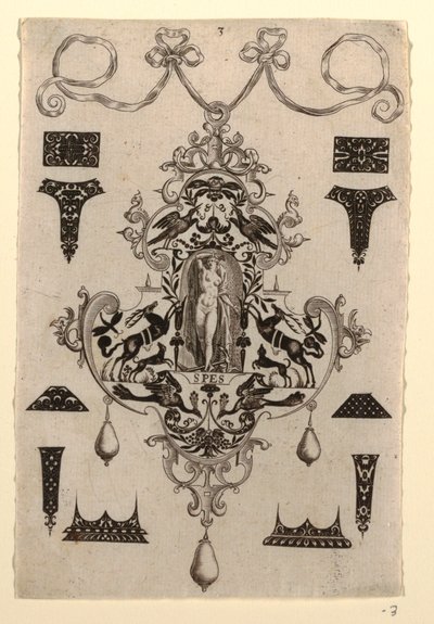 Hangerontwerp met de Deugd Hoop, Plaat 3, uit een serie van acht hangerontwerpen met de kardinale deugden door Johann Theodor de Bry