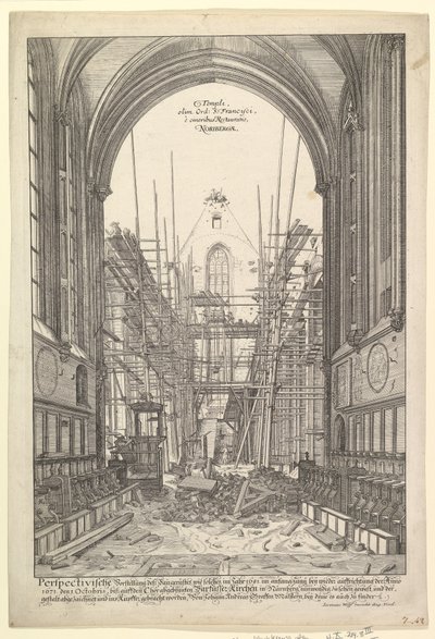 Uitzicht op de kerk van de Franciscanen in Neurenberg onder reconstructie, uit de serie V....n.d. door Johann Ulrich Kraus