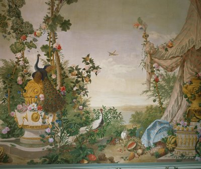 Tuintafereel met pauw en tent in de tuinkamer van paleis Schönbrunn ... door Johann Wenzel Bergl
