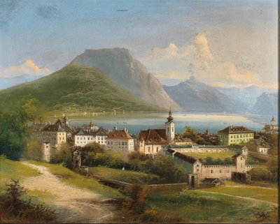 Johann Wilhelm Jankowski Zicht op Gmunden door Johann Wilhelm Jankowski