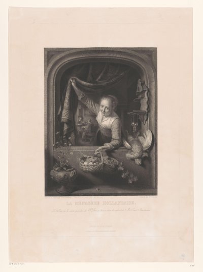 Vrouw met mand met vruchten in de hand bij het raam door Johann Wilhelm Kaiser (I)