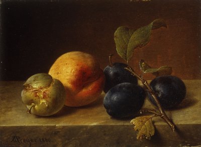 Een perzik en pruimen op een marmeren rand door Johann Wilhelm Preyer