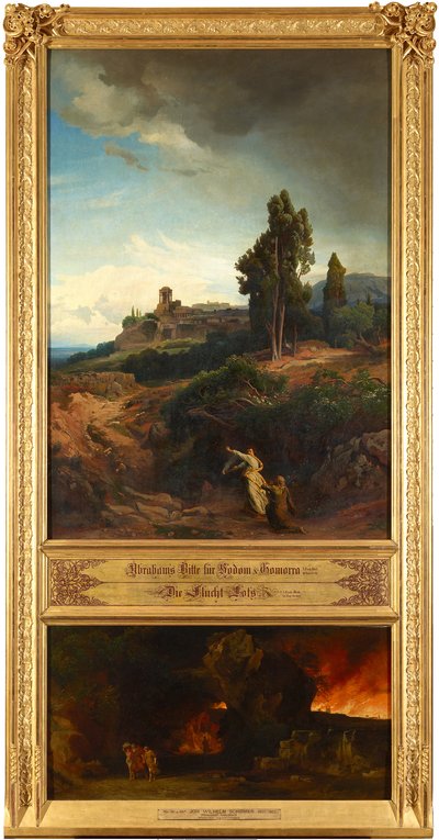 Abrahams Bitte für Sodom (oben). Die Flucht Lots (unten). Aus dem Zyklus "Zwölf biblische Landschaften mit der Geschichte Abrahams" door Johann Wilhelm Schirmer