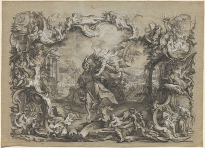De Engel die Habakuk bij zijn haar wegvoert, omgeven door een uitgebreide rococo lijst door Johann Wolfgang Baumgartner