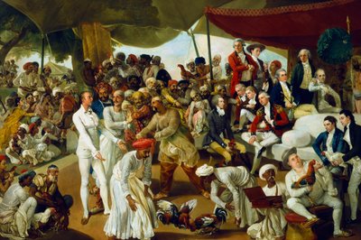 Kolonel Mordaunt kijkt naar een hanengevecht in Lucknow, India, 1790 door Johan Joseph Zoffany