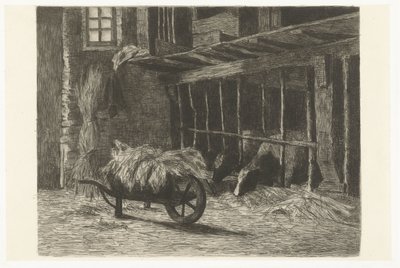 Interieur van stal met koeien en kruiwagen met hooi door Johanna Henriëtte Besier