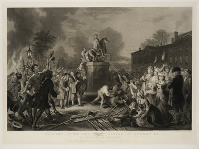 Het neerhalen van het standbeeld van George III door de Sons of Freedom, op de Bowling Green, New York City, juli 1770, gegraveerd door John C. McRae door Johannes Adam Simon Oertel