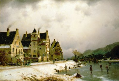 Een winter rivierlandschap met schaatsende figuren bij een dorp door Johannes Bartolomaus Duntze