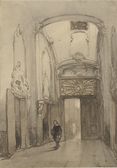 Rococo portaal in het stadhuis in Den Haag met een man in zeventiende-eeuws kostuum door Johannes Bosboom