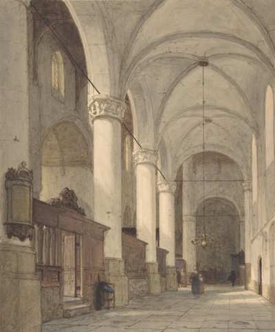 Gewelfde Zijbeuk van een Kerk, met Figuren, 19e eeuw door Johannes Bosboom