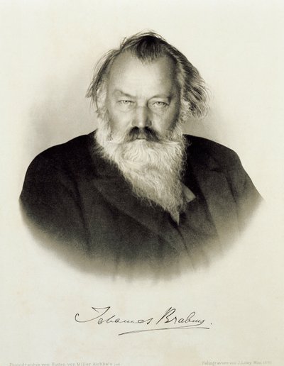 Gegraveerd portret van de Duitse componist, pianist en dirigent Johannes Brahms door Johannes Brahms