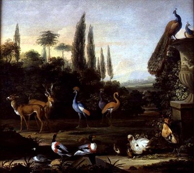 Een parklandschap met herten en exotische vogels door Johannes Bronckhorst