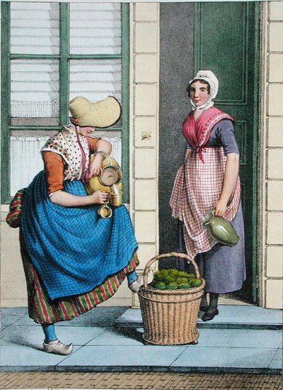 Een vrouw die melk en groenten verkoopt, illustratie uit 