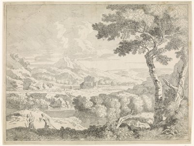 Heuvelachtig landschap met herders door Johannes Glauber