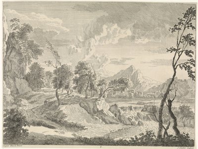 Heuvelachtig landschap met waterval door Johannes Glauber