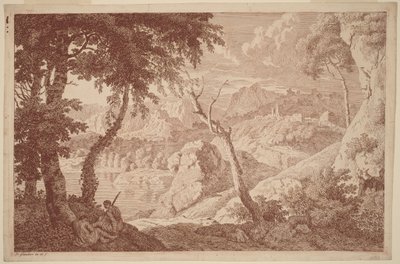 Berglandschap met twee rustende mannen door Johannes Glauber