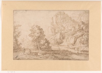 Berglandschap met een brug over een waterval door Johannes Glauber