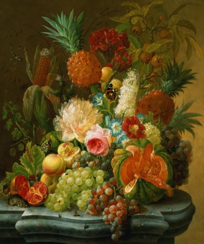 Stilleven met een meloen en druiven door Johannes Hendrick Fredriks