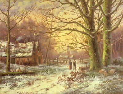 Figuren op een pad voor een dorp in de winter door Johannes Hermann Barend Koekkoek