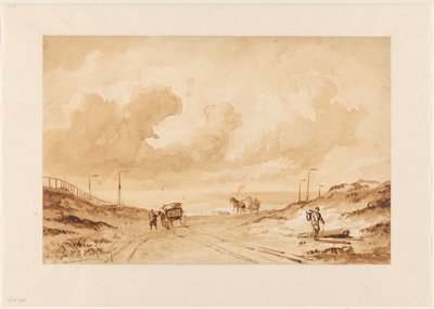 Landschap met weg tussen duinen naar zee door Johannes Hermanus Barend Koekkoek