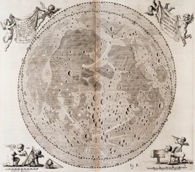 Eerste gedetailleerde kaart van de Maan getekend in 1647 door Johann Hevelius, afdruk uit Johann Hevelius