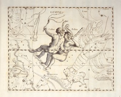 Tweelingen sterrenbeeld, gravure uit sterrenatlas Firmamentum Sobiescianum sive Uronographia, door Johann Hevelius door Johannes Hevelius