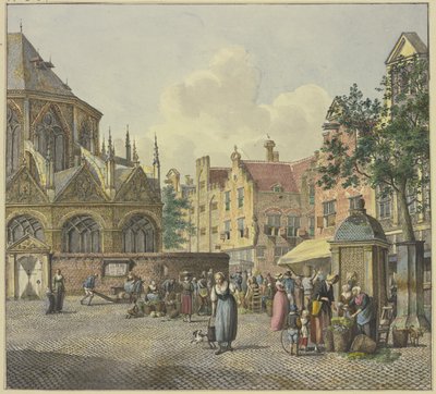 Links het koor van een kerk, rechts een fonteinhuis, met groenteverkoopsters door Johannes Huibert Prins