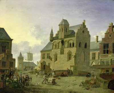Stadsplein met figuren en boeren die op een markt handelen door Johannes Huibert Prins
