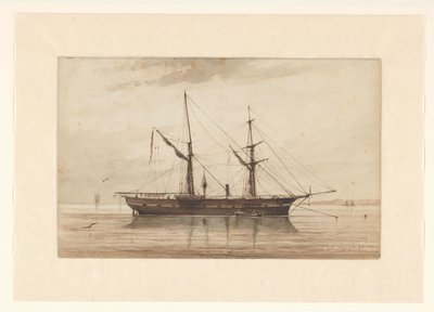 Zeilschip voor anker in kalm water door Johannes Huygens (signed by artist)