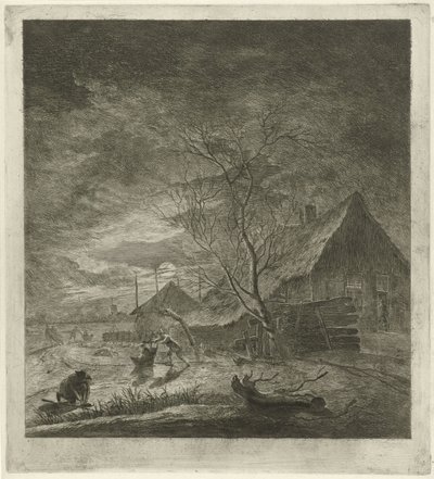 Nachtlandschap met boerderij en schaatsers door Johannes Janson