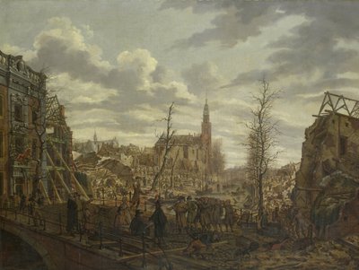 Het Rapenburg, Leiden, drie dagen na de explosie van een kruitboot op 12 januari 1807 door Johannes Jelgerhuis
