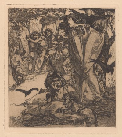 Bosachtig landschap met mensen, kraaien en sater door Johannes Josephus Aarts