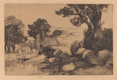 Landschap met man en vrouw aan oever door Johannes Josephus Aarts