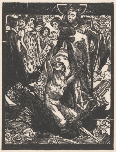 Vrouwenfiguren met man op rug van vogel door Johannes Josephus Aarts