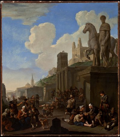 Een Straatscène met een Capriccio van Romeinse Gebouwen door Johannes Lingelbach