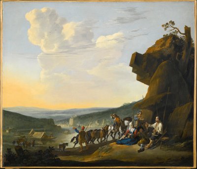 Duits: Südliche Landschaft mit Fähre Zuidelijk landschap met uitzicht op een baai, met rustende reizigers door Johannes Lingelbach
