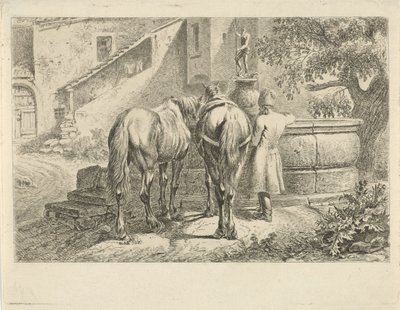 Drinkende paarden bij een fontein door Johannes Mock
