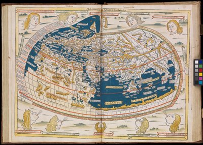 De eerste editie van Ptolemaeus gedrukt in Duitsland, en de eerste met houtsnede kaarten. Originele binding. door Johannes Schnitzer