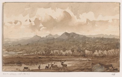 Berglandschap met herten door Johannes Tavenraat (signed by artist)