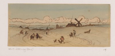 Landschap in de duinstreek met jagers en honden door Johannes Tavenraat