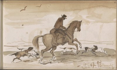 Landschap met een ruiter en rennende honden door Johannes Tavenraat