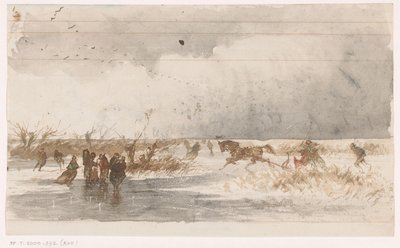 Schaatsers en arrenslee op het ijs door Johannes Tavenraat