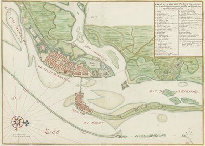 Aquarelkaart van de stad Recife (Brazilië) in de 17e eeuw door Johannes Vingboons